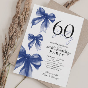 Navy Watercolor Coquette Bow 60th Birthday Party Invitation