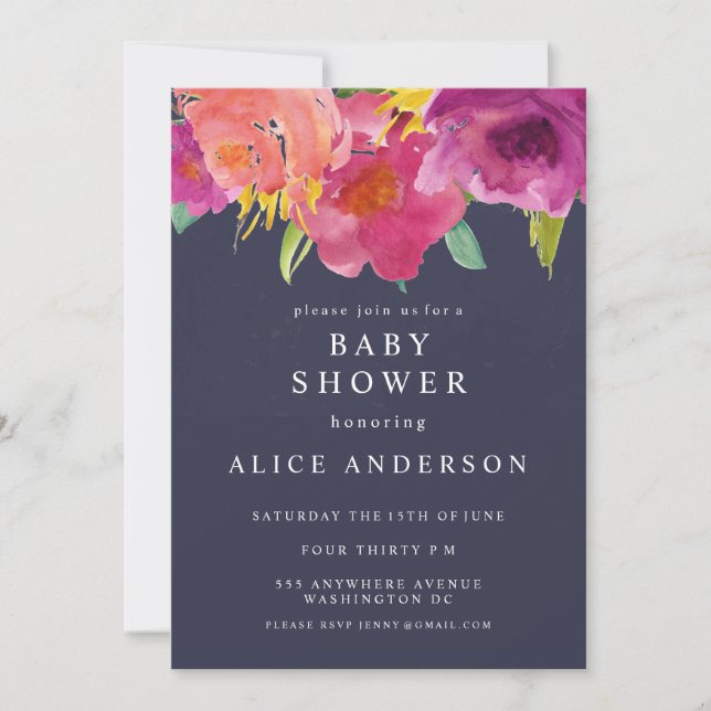Navy Watercolor Floral Garden Baby Shower Invite (Front)
