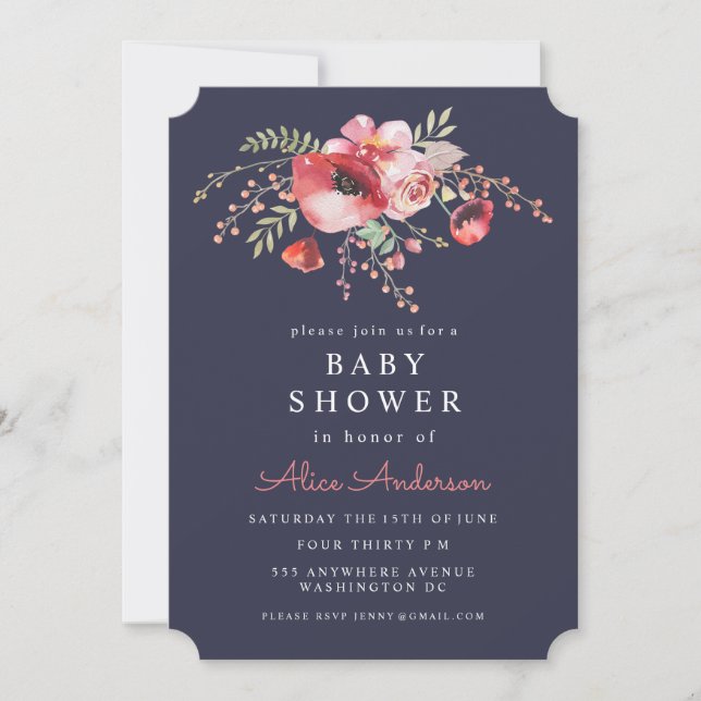 Navy Watercolor Floral Poppies Baby Shower Invite (Front)