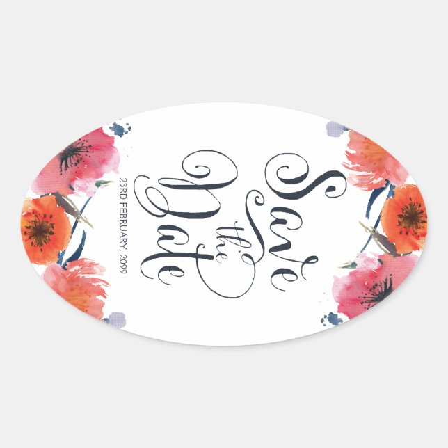 Navy Watercolor Floral Save the Date Stickers (Front)