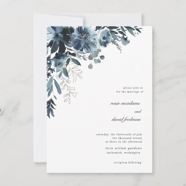 Navy Watercolor Floral Wedding Invitation (Front)