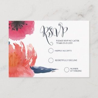 Navy Watercolor Floral Wedding RSVP Cards