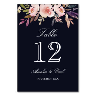Navy Watercolor Floral Wedding Table Number Cards