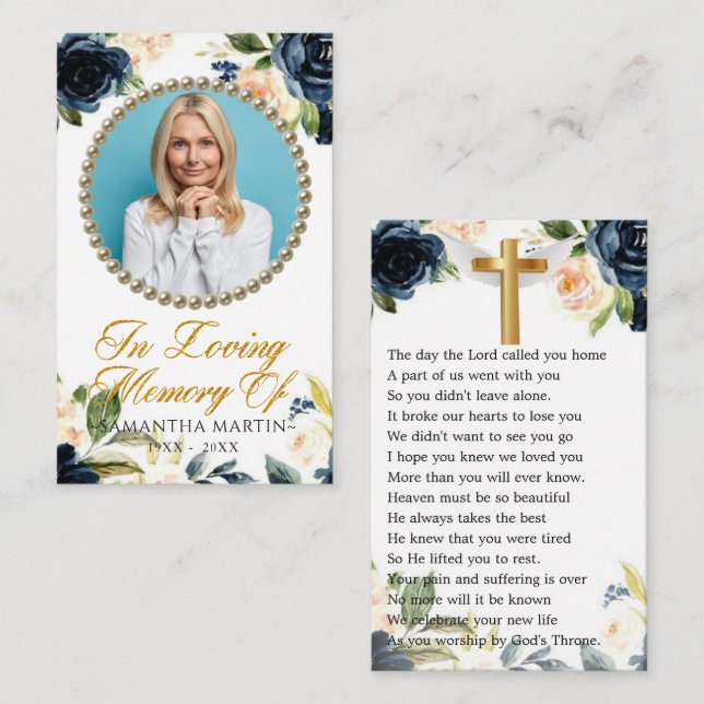 Navy Watercolor Flowers Photo Funeral Prayer Card (Front/Back)