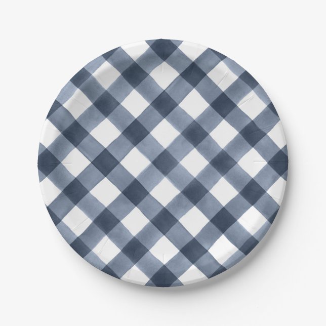 Navy Watercolor Gingham Paper Plate (Front)