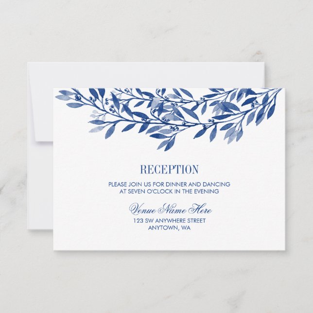 Navy Watercolor Laurel Wreath Wedding Reception Invitation (Front)