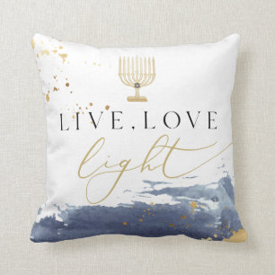 Navy Watercolor Menorah Live Love Light Hanukkah Cushion