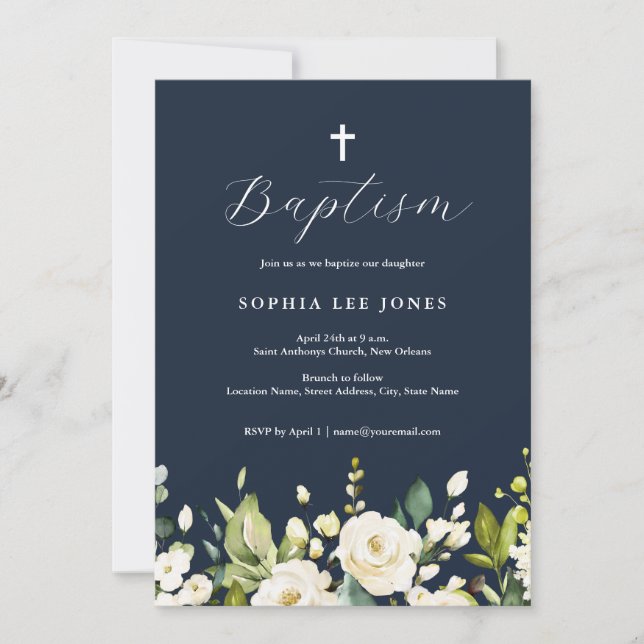 Navy Watercolor Neutral Florals Baptism  Invitation (Front)