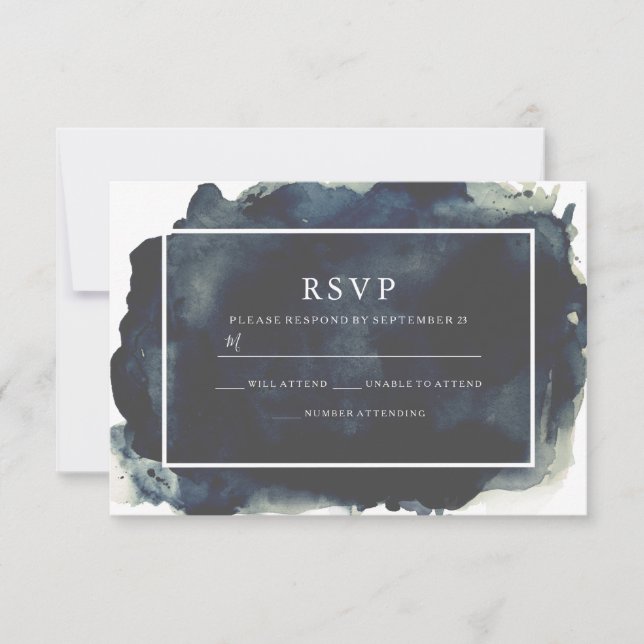 Navy Watercolor Paint Splash Frame Wedding RSVP Card (Front)