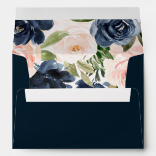 Navy Watercolor Pink Flowers Bridal Wedding Envelope