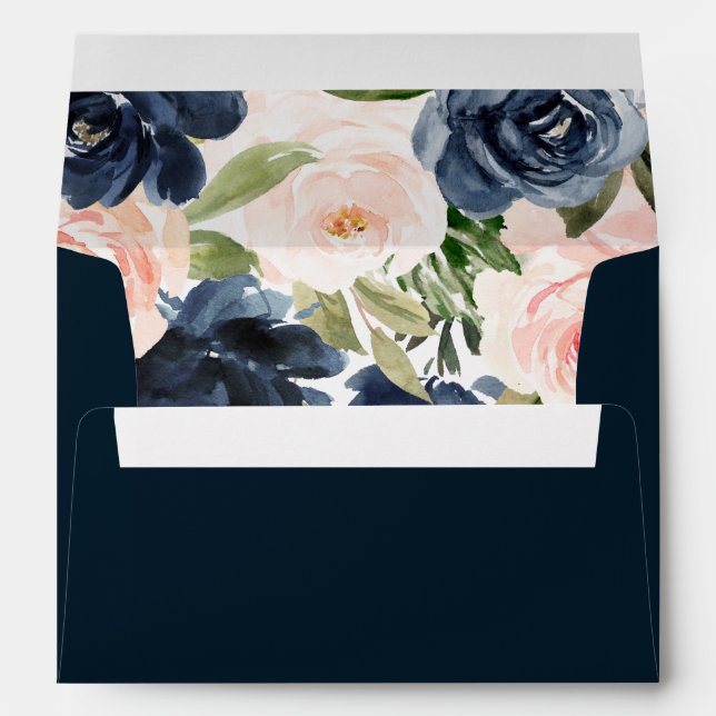 Navy Watercolor Pink Flowers Bridal Wedding Envelope (Back (Bottom))