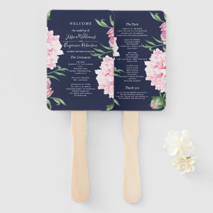 Navy Watercolor Pink Peony Floral Wedding Hand Fan