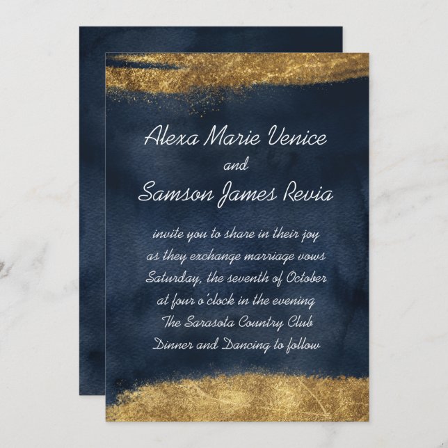 Navy Watercolor with Gold Invitation (Front/Back)