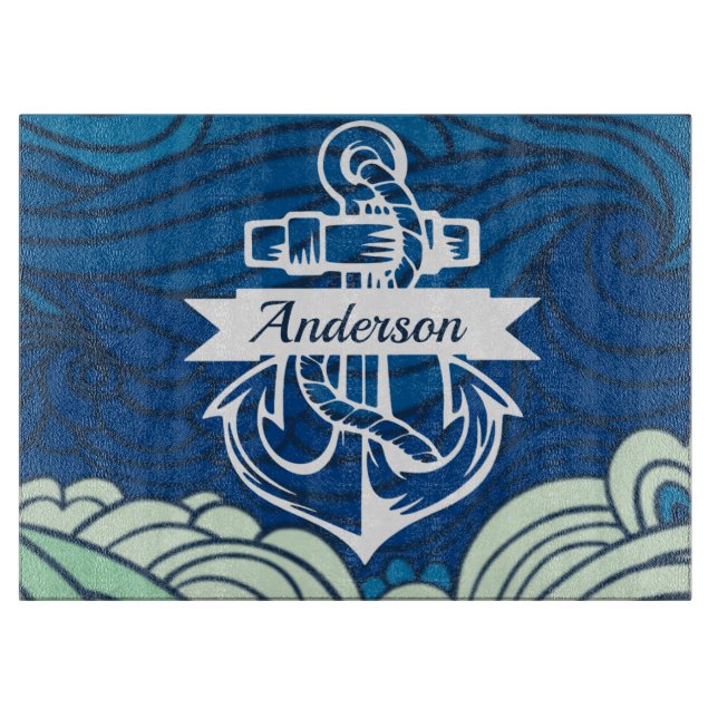 Navy Waves Beach House Cutting Board Anchor & Name (Front)