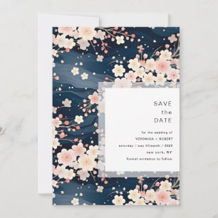 Navy Waves Sakura Blossom Modern Wedding Save The Date