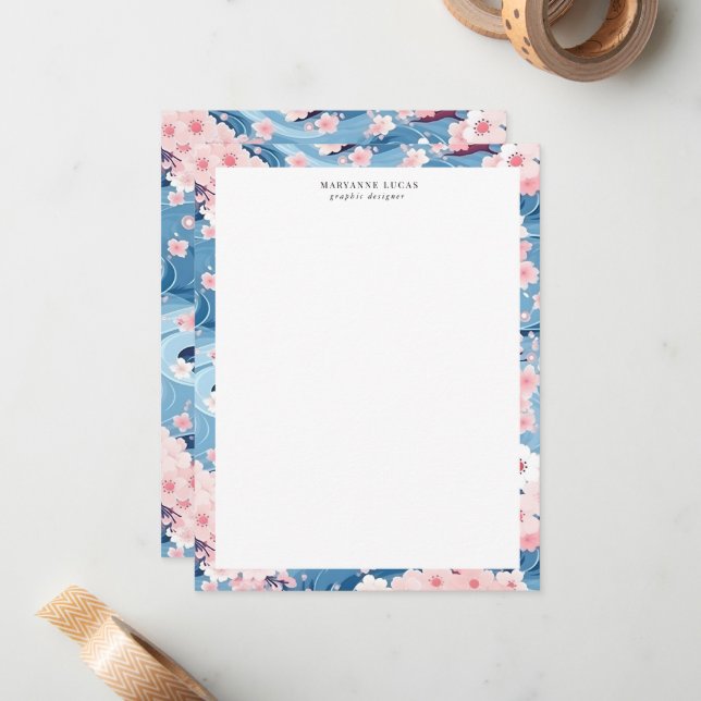 Navy Waves Sakura Elegant Floral Card (Front/Back In Situ)