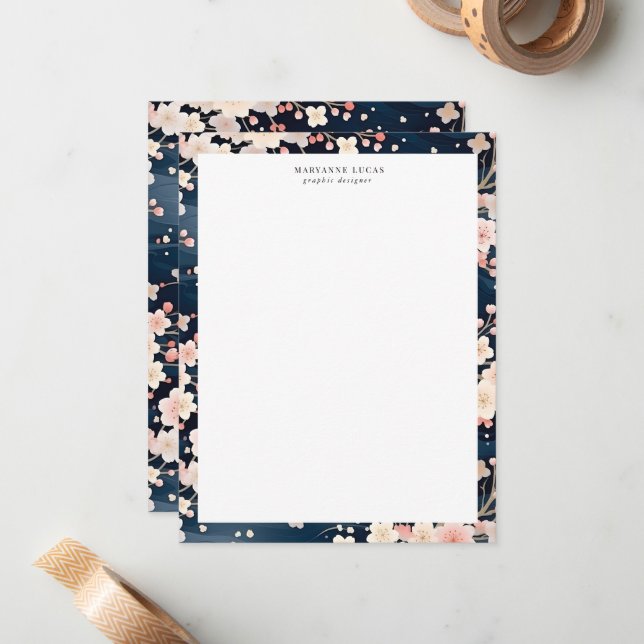 Navy Waves Sakura Elegant Floral Card (Front/Back In Situ)