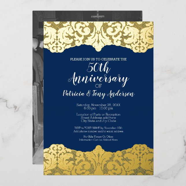 Navy Wedding Anniversary Photo and Gold Lace (Front/Back)