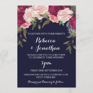 Navy wedding invitation burgundy pink floral