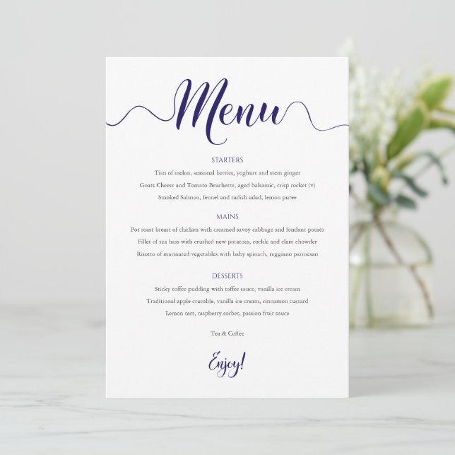 Navy Wedding Menu Card (Standing Front)
