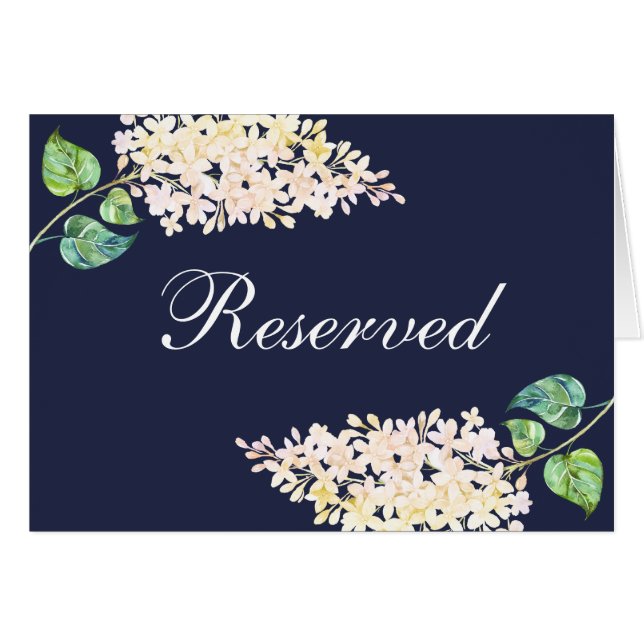 Navy wedding reserved sign. White lilac floral (Front Horizontal)