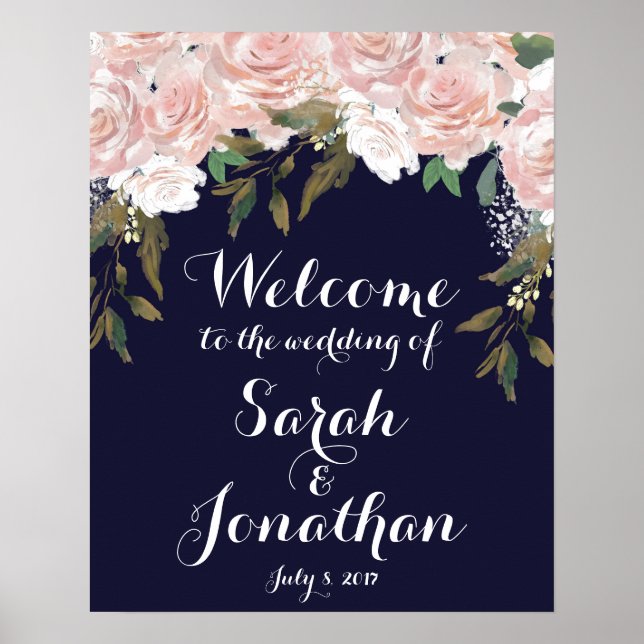 Navy wedding welcome sign pink flowers (Front)