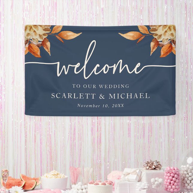 Navy Welcome Wedding Banner (Navy Blue Floral Welcome Wedding Banner by Painted Paperie
)