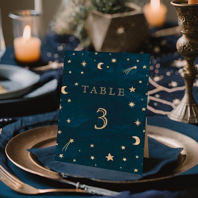 Navy Whimsical Gold Stars Moon Astronomy Wedding Table Number (Creator Uploaded)