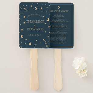 Navy Whimsical Gold Stars Moon Programs Wedding  Hand Fan