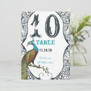 Navy Whimsical Peacock Love Bird Wedding Table No. Invitation