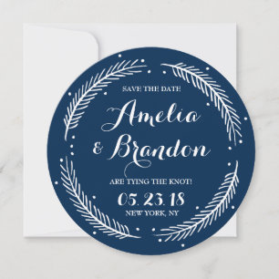 Navy Whimsical Winter Wreath Save the Date Card