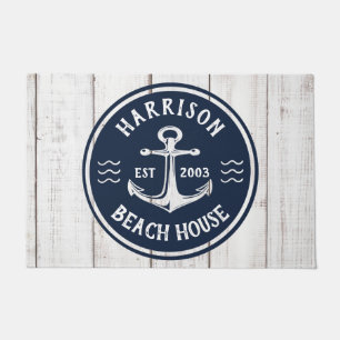 Navy & White Anchor Nautical Family Name Beach  Doormat