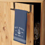 Navy & White Anchor Personalised Boat Name Tea Towel<br><div class="desc">Customise your boat galley with this cute personalised kitchen towel featuring your boat name,  ship's registry,  and year established in white accented with an anchor illustration on a classic navy blue background.</div>