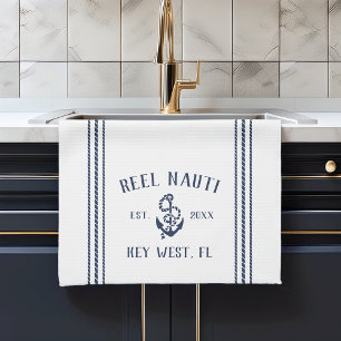 Navy & White Anchor Personalised Boat Name Tea Towel
