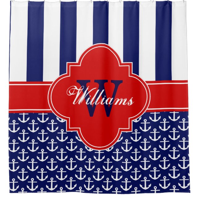 Navy White Anchor Stripe 1ICBR Red Monogram Shower Curtain (Front)