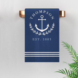 Navy White Anchor Wreath Nautical Name & Year Est Bath Towel