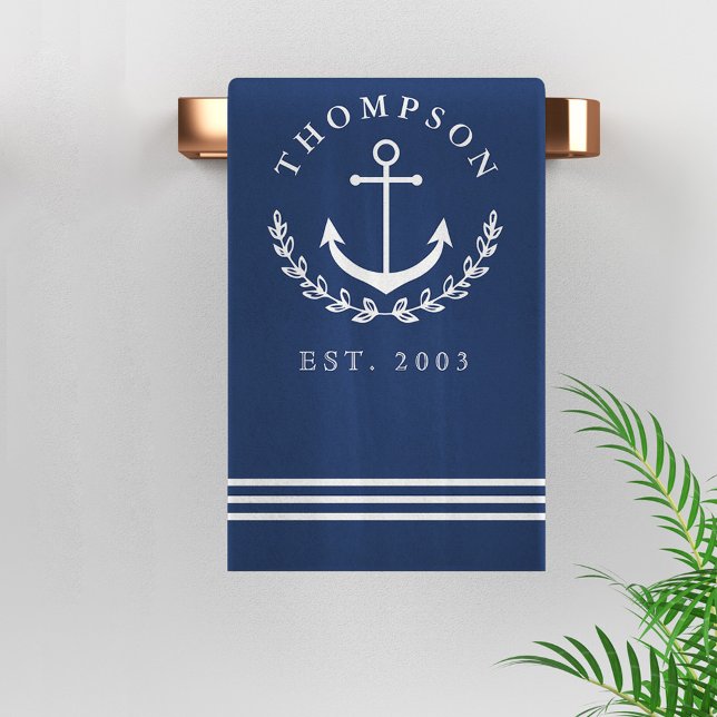 Navy White Anchor Wreath Nautical Name & Year Est Bath Towel (Creator Uploaded)