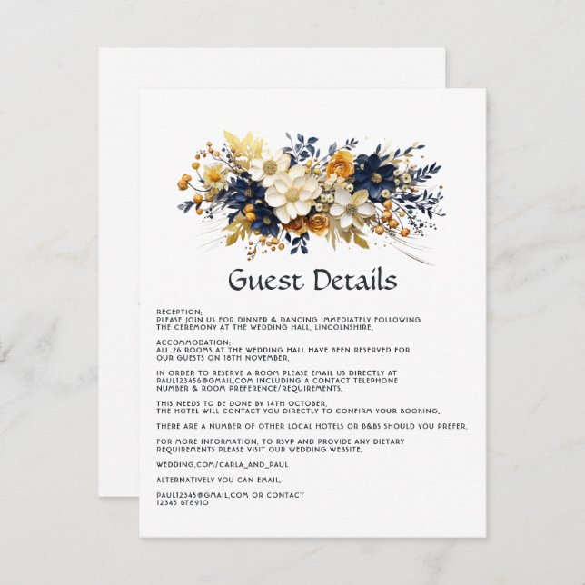Navy, White, and Gold Floral Wedding Guest Details Enclosure Card (Front/Back)