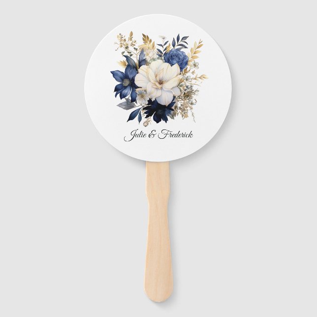 Navy, White and Gold Floral Wedding Hand Fan (Front)