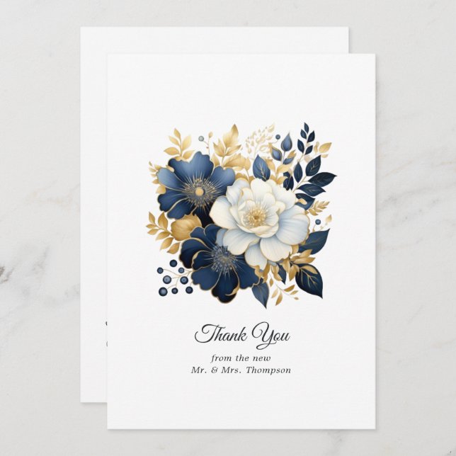 Navy, White and Gold Floral Wedding Thank You Card (Front/Back)