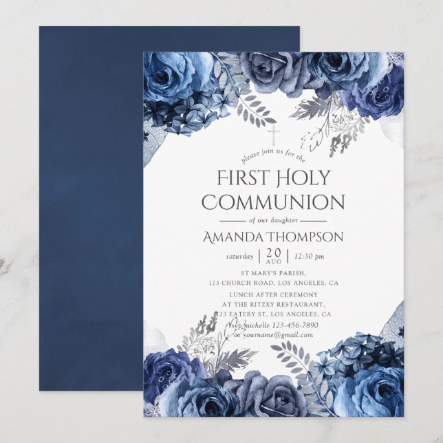 Navy, White and Silver Floral First Holy Communion Invitation (Front/Back)