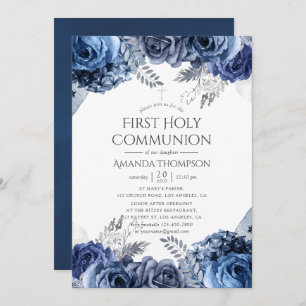 Navy, White and Silver Floral First Holy Communion Invitation