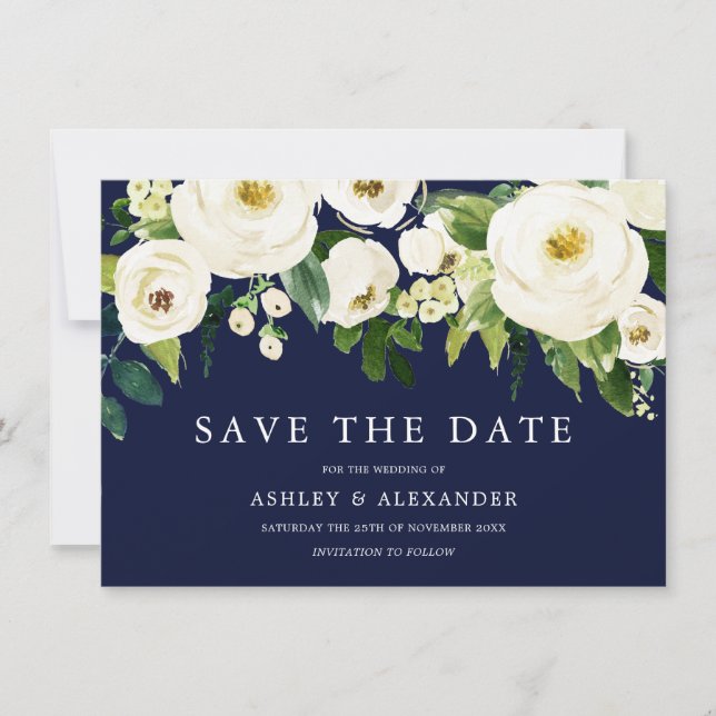 Navy & White Blooming Flowers Elegant All Seasons Save The Date (Front)