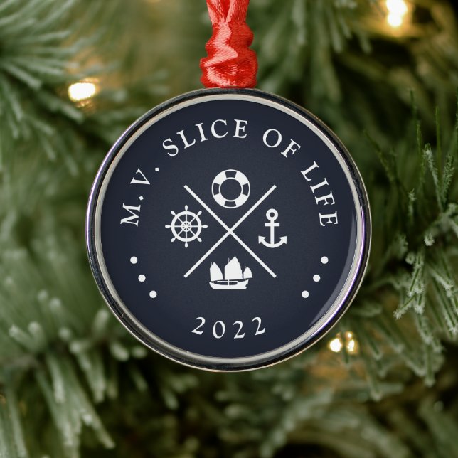 Navy & White Boat Name Metal Ornament (Tree)