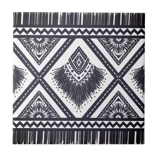 Navy White Boho Pattern Ceramic Tile (Front)