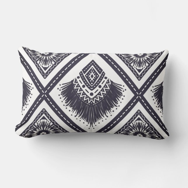 Navy White Boho Patterned Throw Pillow (Front)