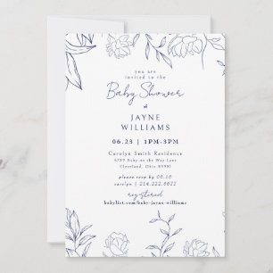 Navy & White Botanical Art Neutral Baby Shower Invitation