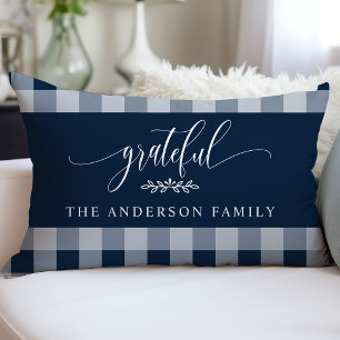 Navy & White Buffalo Check Grateful Personalised Lumbar Cushion