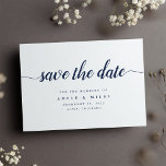 Navy & White Calligraphy Save the Date Card<br><div class="desc">Simple and elegant save the date cards notify your guests of your upcoming wedding in timeless style. Crisp white cards feature "save the date" in calligraphy script lettering, with your names, wedding date and location beneath in classic navy blue serif type. Add additional information, like your wedding website, to the...</div>
