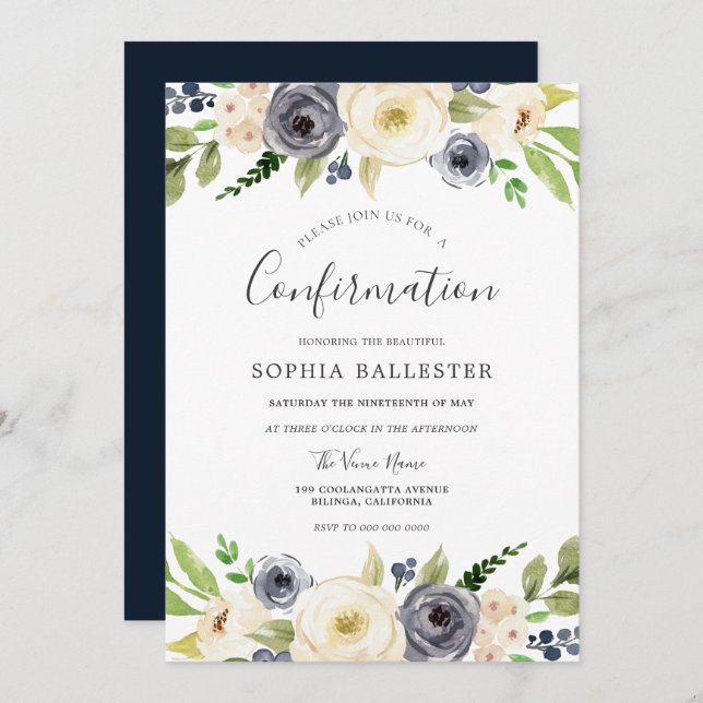 Navy & White Champagne Floral Confirmation Invitation (Front/Back)
